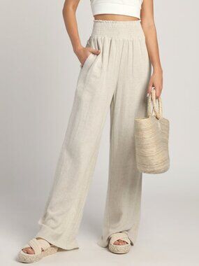 Lulus Hit The Breeze Beige Smocked Wide-leg Pants - Size XS